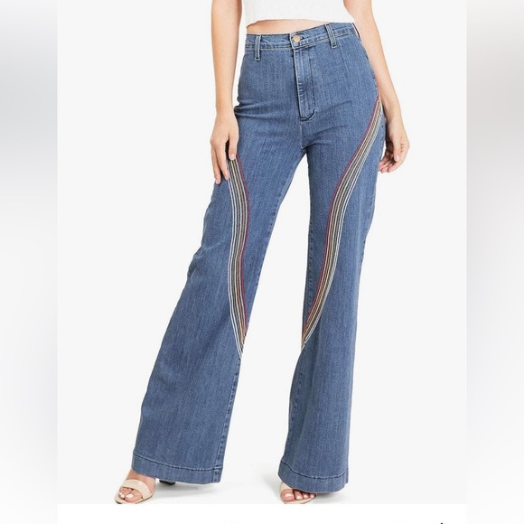 Angry Rabbit High Waisted Wide Leg Jeans Embroidered Rainbow - Picture 2 of 12